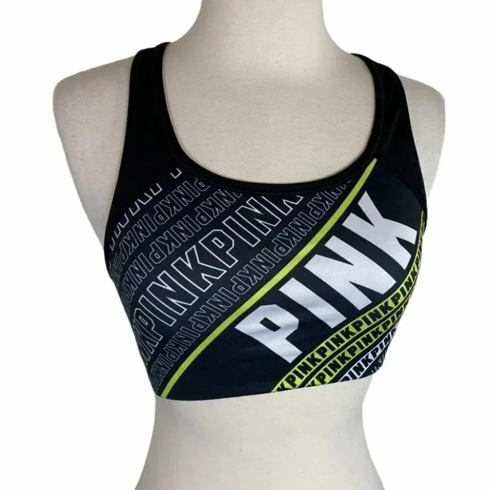 PINK Sports Bra S Black Logo Graphic Ultimate Racerback Medium‎ Support